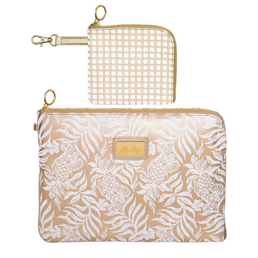 Lilly Pulitzer Padded Tech Sleeve & Small Zip Pouch, Gold Metallic Bon Vivants - Picture 1 of 11